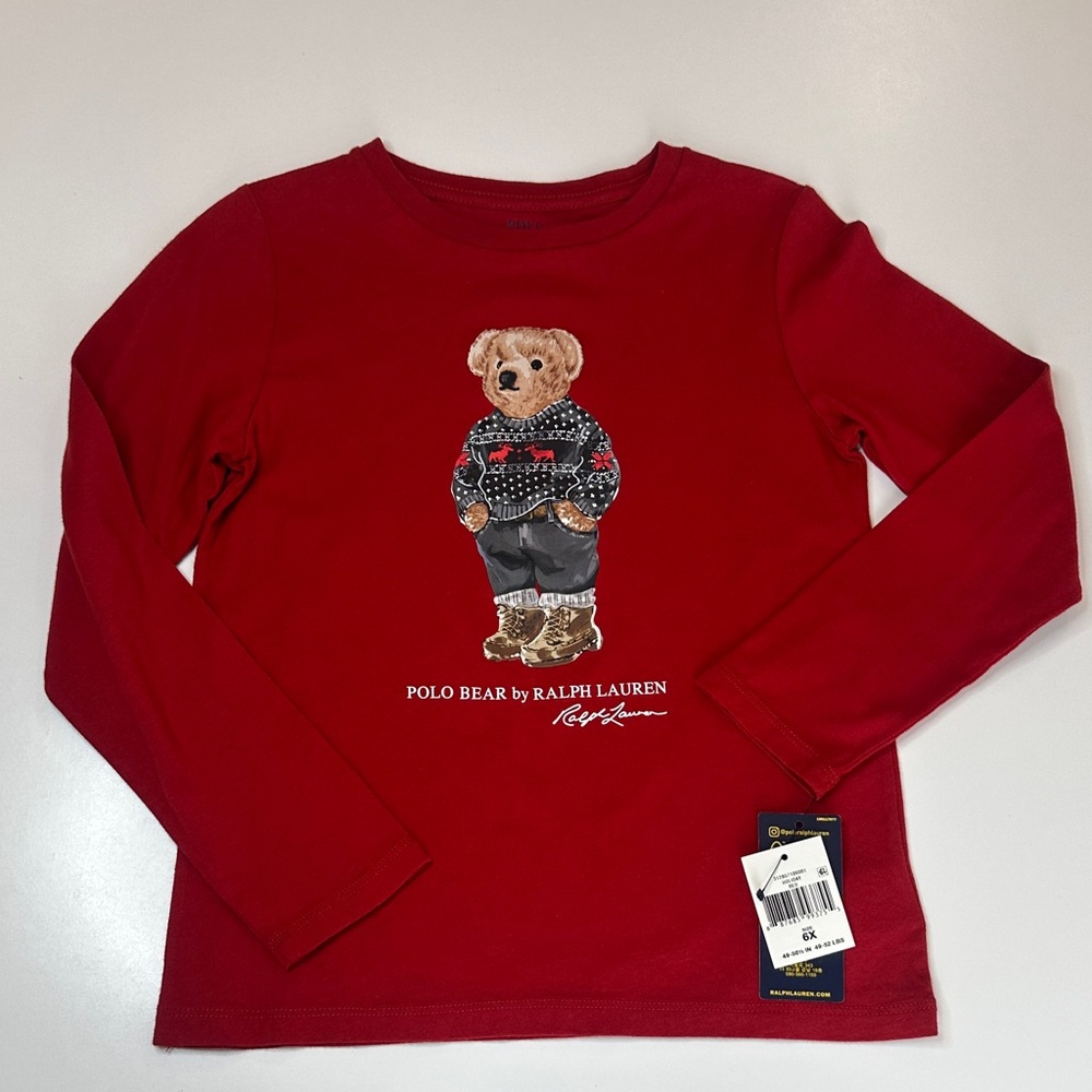 Ralph Lauren Kids Red Long Sleeve Tee with Bear Design size 6 x